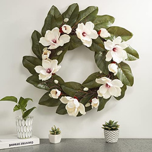lot 45878 image: Artificial Magnolia Wreath, Spring Hanging Wreath for Front Door Wall Windows Decoration Holiday Festival Wedding Decor