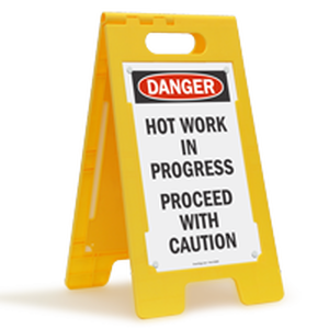 lot 45895 image: FloorBoss Standing Floor Sign Danger - Hot Work in Progress-Proceed With Caution  (Small chip on bottom corner--See photos)