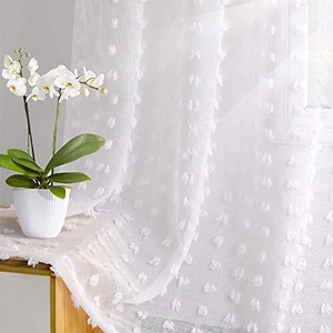 lot 1114 image: White Textured Curtains Sheer Curtain Pom Pom Nursery Bed Canopy Semi Sheer Window Treatments unknown size