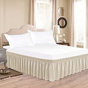 lot 1170 image: Wrap Around Bed Skirts for Full & Full XL Beds 15 Inch Drop, Light Camel Elastic Dust Ruffles with Adjustable Belts Silky Luxrious Fabric Machine Washable