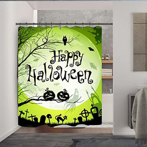 lot 1174 image: Halloween Shower Curtain Sets-Pumpkin Tombtone Green Moon Cartoon Pattern Bathroom Shower Curtains with Hooks, Washable Durable Fabric Blanket for Halloween Decoration, 71x71 Inches