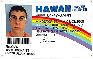 lot 1183 image: McLovin Fake ID Flag Banner ��3 x 5ft��Fake Driver License Flag & One McLovin Drivers License Card, for Room Decor, Outdoor, Parties, Gift, College Dorm BY LOVEON
