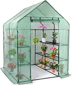lot 5196 image: Greenhouse for Outdoors, Walk-in Greenhouse with Durable PE Cover, 3-Tier 8 Shelves Stands Greenhouses with Ground Pegs & Ropes for Stability, Portable Gardening Plant House 56.3x 56.3x 77
