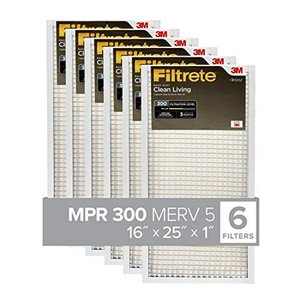 lot 5202 image: Filtrete 16x25x1, AC Furnace Air Filter, MPR 300, Clean Living Basic Dust, 5-Pack (exact dimensions 15.69 x 24.69 x 0.81)