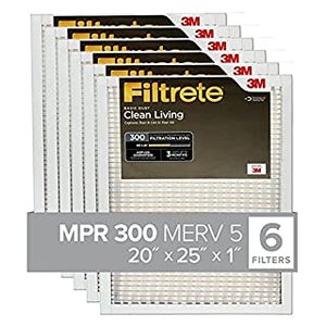 lot 5220 image: Filtrete 20x25x1, AC Furnace Air Filter, MPR 300, Clean Living Basic Dust, 6-Pack (exact dimensions 19.69 x 24.69 x 0.81) (B07FNXPGLG)
