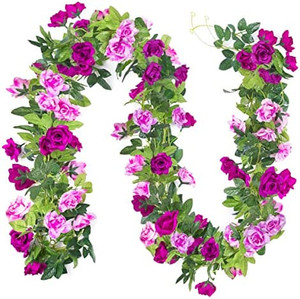 lot 5241 image: Kisflower 3PCS23.7FT Artificial Rose Flowers Garlands, Fake Vines Silk Floral Hanging Plant for Wedding Arch Decorations Room Party Home Garden Hotel Office Wall Decor (Fuchsia)
