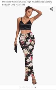 lot 6139 image: Umenlele Womens Casual High Waist Ruched Stretchy Bodycon Long Maxi Skirt Floral Small