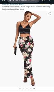 lot 6143 image: Umenlele Womens Casual High Waist Ruched Stretchy Bodycon Long Maxi Skirt Floral Medium