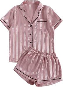 lot 6153 image: Umenlele Womens Silky Satin Striped Pajamas Short Sleeve Top with Shorts Sleepwear PJ Set X-Large