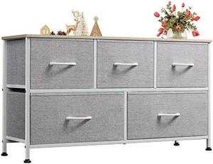 lot 8141 image: WLIVE Dresser for Bedroom with 5 Drawers, Wide Chest of Drawers, Fabric Dresser, Storage Organization Unit with Fabric Bins for Closet, Living Room, Hallway, Nursery, Light Grey