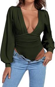 lot 8195 image: Umenlele Womens Plunging V Neck Ruched Pleated Long Sleeve Top Leotard Bodysuit, Item is a Khaki Color Not Green, Medium