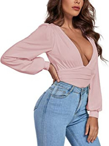 lot 8225 image: Umenlele Womens Plunging V Neck Ruched Pleated Long Sleeve Top Leotard Bodysuit, XL