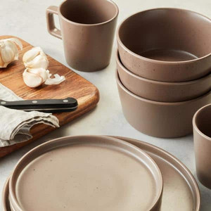 lot 8262 image: 16-Piece Round Dishes for 4, Brown Speckled Celina Stoneware Dish Set