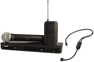 lot 8279 image: Shure BLX1288P31 Dual Channel Wireless Microphone System with PG58 Handheld and PGA31 Headset Microphones , Retails for $600
