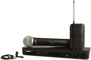 lot 8281 image: Shure BLX1288CVL Dual Channel Wireless Microphone System with PG58 Handheld and CVL Lavalier Mics, Retails for $630