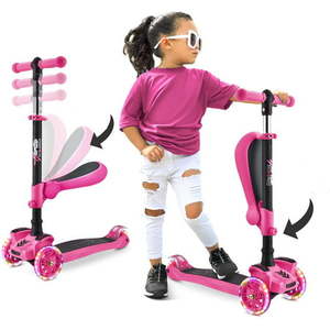 lot 9360 image: Hurtle Fitness 3-Wheeled Scooter for Kids - Wheel LED Lights Adjustable Lean-to-Steer Handlebar and Foldable Seat - Sit or Stand Ride with Brake for Boys and Girls Ages 1-14 Years Old (HURFS66) Pink
