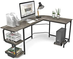 lot 9389 image: Teraves Reversible L Shaped Desk with Shelves Round Corner Computer Desk Gaming Table Workstation for Home Office
