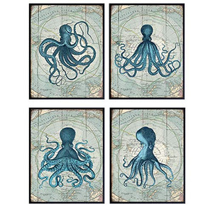 lot 9392 image: Vintage Kraken Octopus Art - 8x10 Nautical Poster Set for Bathroom, Bath, Bedroom, Beach or Lake House - Unique Gift for Nature Fans - Unframed
