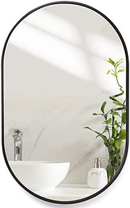 lot 9405 image: HOWOFURN Wall Mounted Mirror, 20����x30���� Oval Bathroom Mirror, Black Vanity Wall Mirror w Stainless Steel Metal Frame & Pre-Set Hooks for Vertical & Horizontal Hang, Ideal for Bedroom, Bathroom
