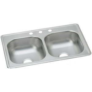 lot 9408 image: Elkay Dayton Stainless Steel 33 x 19 x 6-716 Equal Double Bowl Drop-in Sink
