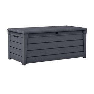 lot 7248 image: Keter Brightwood Outdoor Plastic Deck Box All-Weather Resin Storage 120 Gal - Retail $149