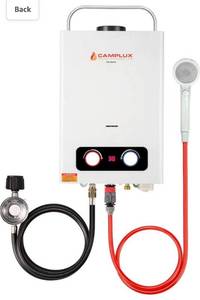 lot 27921 image: Camplux Pro 1.58 GPM Tankless Propane Water Heater, Outdoor Propane Gas Water Heater with Portable Handle, Portable Gas Water Heater for Camping,Cabins,White