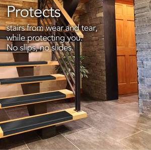 lot 27937 image: Resilia Indoor Vinyl Stair Tread Mat - Slip-Resistant Runner for Square Steps, Grips Tile, Wood, Concrete, Laminate, Floor Protector, Black, 24 Inches x 9 Inches, Case of 18
