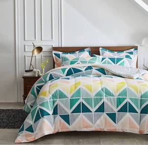 lot 27944 image: Lot of 2 - Comforter Set Twin Size 3 Pieces Colorful Style Yellow Green Cubes Triangles Print Reversible Down Alternative 800 TC