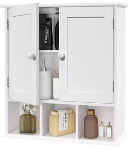 lot 27945 image: TaoHFE Wall Mounted Bathroom Cabinet with 2 Doors and 3 Open Shelves Wooden Medicine Cabinet Storage for Bathroom&Living Room&Kitchen (White)