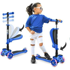 lot 27952 image: Hurtle 3-Wheeled Scooter for Kids - Wheel LED Lights Adjustable Lean-to-Steer Handlebar and Foldable Seat - Sit or Stand Ride with Brake for Boys and Girls Ages 1-14 Years Old (HURFS56) Blue