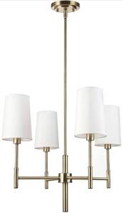 lot 27954 image: Globe Electric 61255 Ronnie 4-Light Chandelier, Brass, White Fabric Shades - Maximum Hanging Height 60.48 Minimum Hanging Height 26