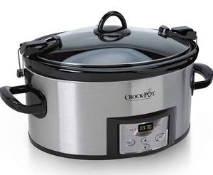 lot 27957 image: Crockpot Portable 6 Quart Slow Cooker with Locking Lid and Digital Timer, Stainless Steel