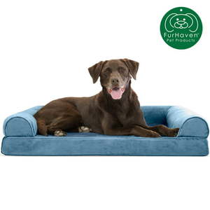 lot 31004 image: FurHaven  Orthopedic Faux Fur & Velvet Sofa Pet Bed for Dogs & Cats Harbor Blue Large