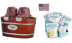 lot 32649 image: Nostalgia ICMW200DBL 2 Canister 4-Quart Real Wood Electric Bucket Ice Cream Maker