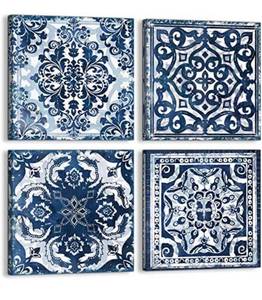 lot 32651 image: Canvas Wall Art Indigo Flower Pattern Prints Framed 4 Pieces Wall Decoration Size 20x20 Each Panel