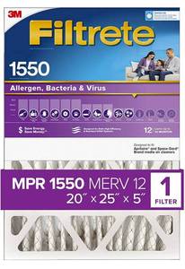 lot 32691 image: Filtrete 20x25x5, AC Furnace Air Filter, MPR 1550 DP, Healthy Living Ultra Allergen Deep Pleat, 1-Pack (actual dimensions 19.56x24.19x4.69)