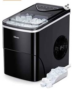 lot 37415 image: Silonn Ice Makers Countertop, 9 Cubes Ready in 6 Mins, 26lbs in 24Hrs, Self-Cleaning Ice Machine with Ice Scoop and Basket, 2 Sizes of Bullet Ice for Home Kitchen Office Bar Party