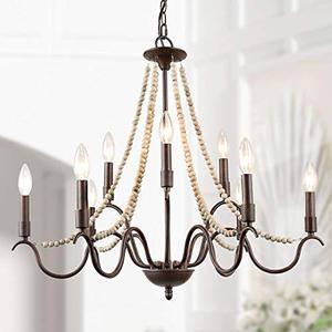 lot 37421 image: LALUZ Farmhouse Chandelier for Dining Room, 9-Light Rustic Chandelier with Wood Bead Strings, Bronze Metal Arms, 28 L x 25.5 H