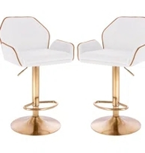 lot 84057 image: Pair of Modern Home Luxe Tesla Contemporary Adjustable BarstoolsBar Chairs with 360° Rotation - Modern Comfortable Adjusting Height CounterBar Stool (Gold Base WhiteGold Piping)