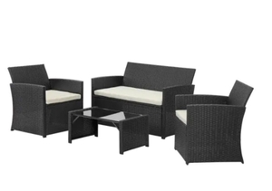 lot 107 image: Black 4-Piece Wicker Outdoor Patio Rattan Set With Coffee Table and White Cushions