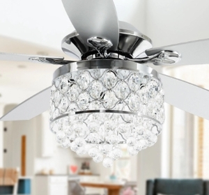 lot 84178 image: Chrome 4-Light Chandelier Crystal 5-Blade Ceiling Fan with Remote Retail$176.49