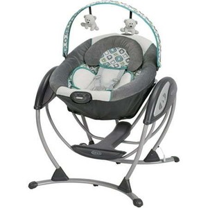 lot 1989 image: Graco Glider LX Gliding Swing - Affinia, Green, Blue, Black, Square Design On Cushion Seat, Grey Bars As Foundation