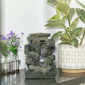 lot 3905 image: Alpine Corporation 4-Tier Cascading Tabletop Fountain with LED Lights, 9 x 14
