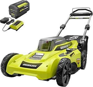 lot 3907 image: Green Ryobi Lawn Mower, Electric, With Battery, 34 x 20.5 x 57 H, No Charger Included