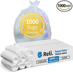 lot 1291 image: Reli. 13 Gallon Trash Bags (1000 Count Bulk) Clear Garbage Bags, 20 Roll Pack, White
