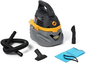 lot 1279 image: 2.5 Gal. 1.75-Peak HP Compact WetDry Shop Vacuum with Filter Bag Hose and Accessories, Grey, Yellow, Black, 14 x 15 H