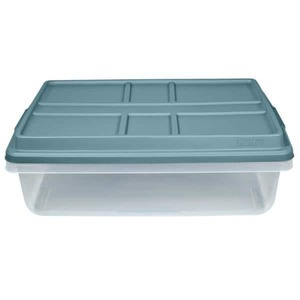 lot 1274 image: Hefty 40 qt. Hi-Rise Storage Bin, Clear Base & Smoke Blue Lid and Latches, 2 x 16