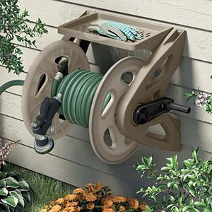 lot 1923 image: Suncast Handler 200 Foot Resin Wall Mounted Outdoor Garden Hose Reel Taupe