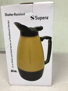 lot 1933 image: Supera Carafe Coffee Server 64 Oz 1.9 Liter Gold And Black Traditional Design