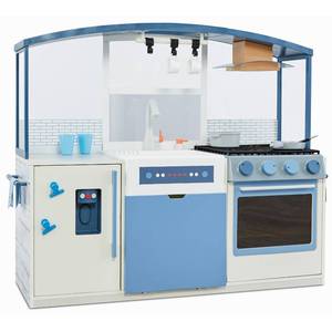 lot 59500 image: Little Tikes Wood Chef s Kitchen 21- Piece Wooden Pretend Play Kitchen Toys Playset Realistic Lights & Sounds Blue and White- For Kids Girls Boys Ages 3 4 5